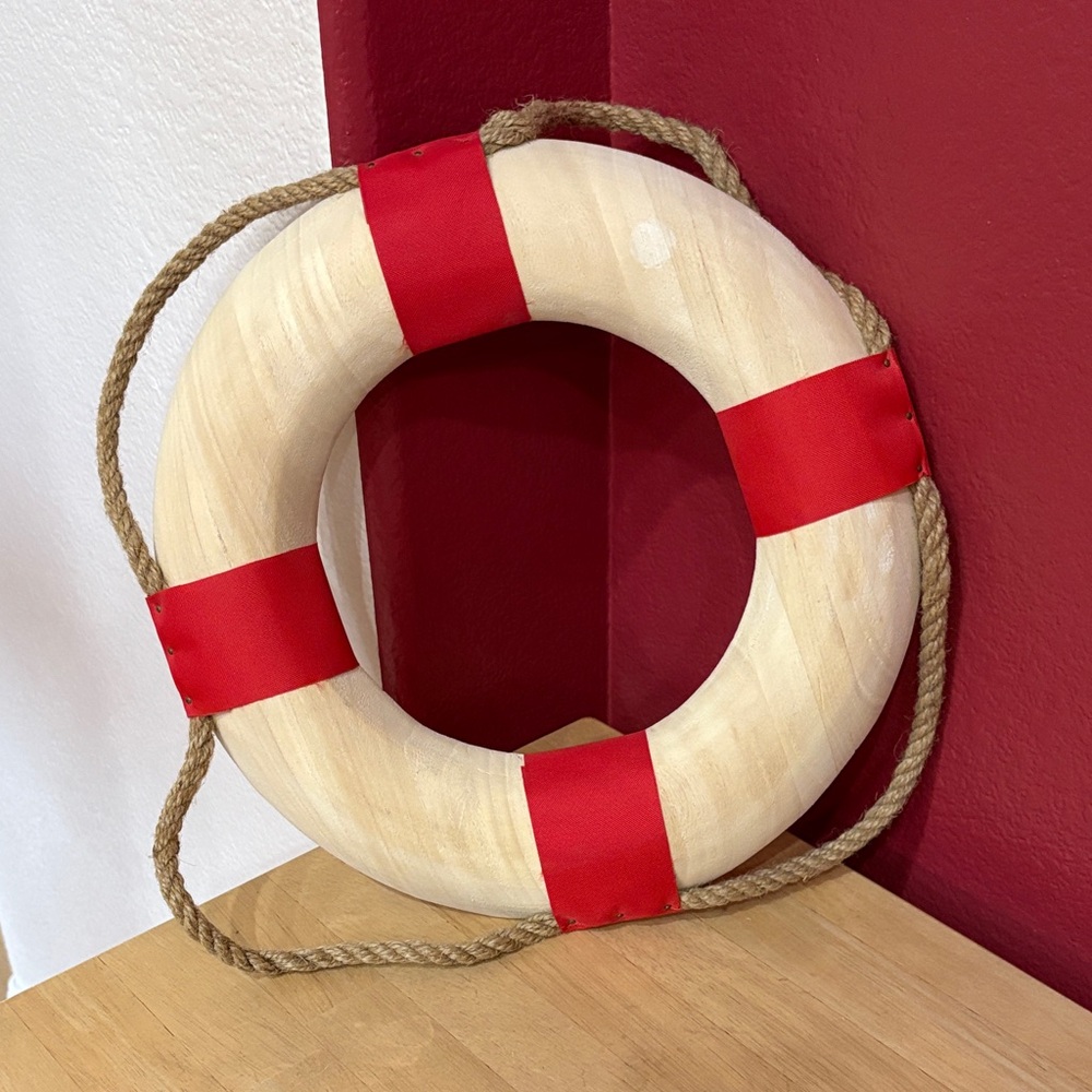 Vintage Nautical Wooden Life Buoy Ring with Red and Rope Accents